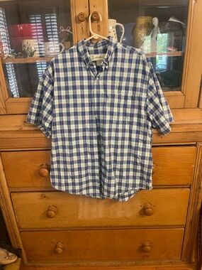 Eddie Bauer Blue and White Plaid Short-Sleeve Button-Down Shirt